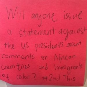 Will anyone issue a statement against the president's recent comments on African countries and immigrants of color? ... #2nd this