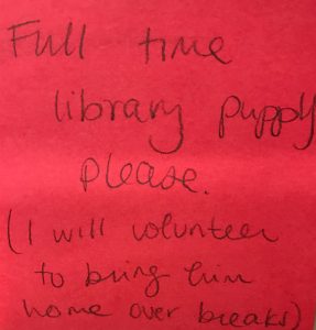 Full time library puppy please ( I will volunteer to bring him home over breaks)