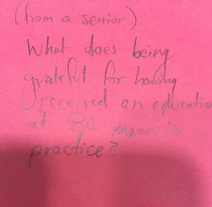 (from a senior) What does being grateful for having received an education at BC mean in practice?