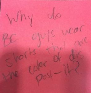 Why do BC guys wear shorts that are the color of dis post-it?