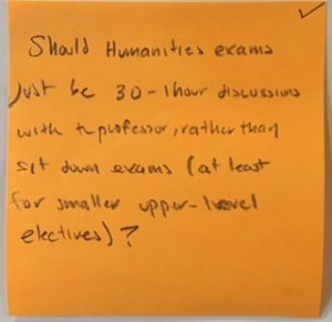 Should Humanities exams just be 30 1 hour discussions with the professor, rather than sit down exams (at least for smaller upper-level electives)?
