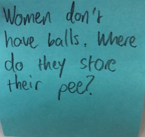 Women don't have balls. Where do they store their pee?