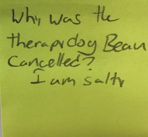 Why was the therapy dog Bean cancelled? I am Salty