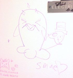 Express Yo'self Wall at Brandeis: [cartoon figure peering out from behind another] SMAE