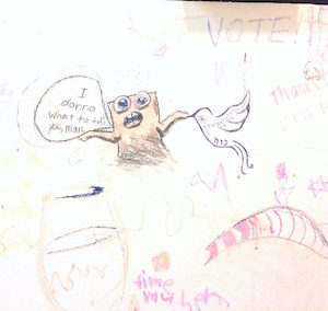 Express Yo'self Wall at Brandeis: cartoon character with speech bubble: I dunno what to tell you man