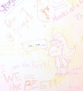 Express Yo'self Wall at Brandeis: cartoon bird with speech bubble: "Oh No..." I am the Best! We are the BEST!