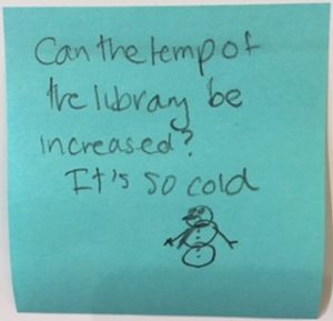 Can the temp of the library be increased? It's so cold [drawing of snowman]