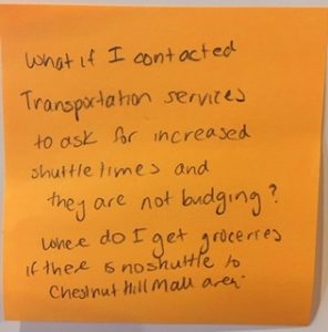 What if I contacted Transportation services to ask for increased shuttle times and they are not budging? Where do I get groceries if there is no shuttle to Chestnut Hill Mall area?