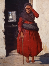 Painting of an old woman, holding her head