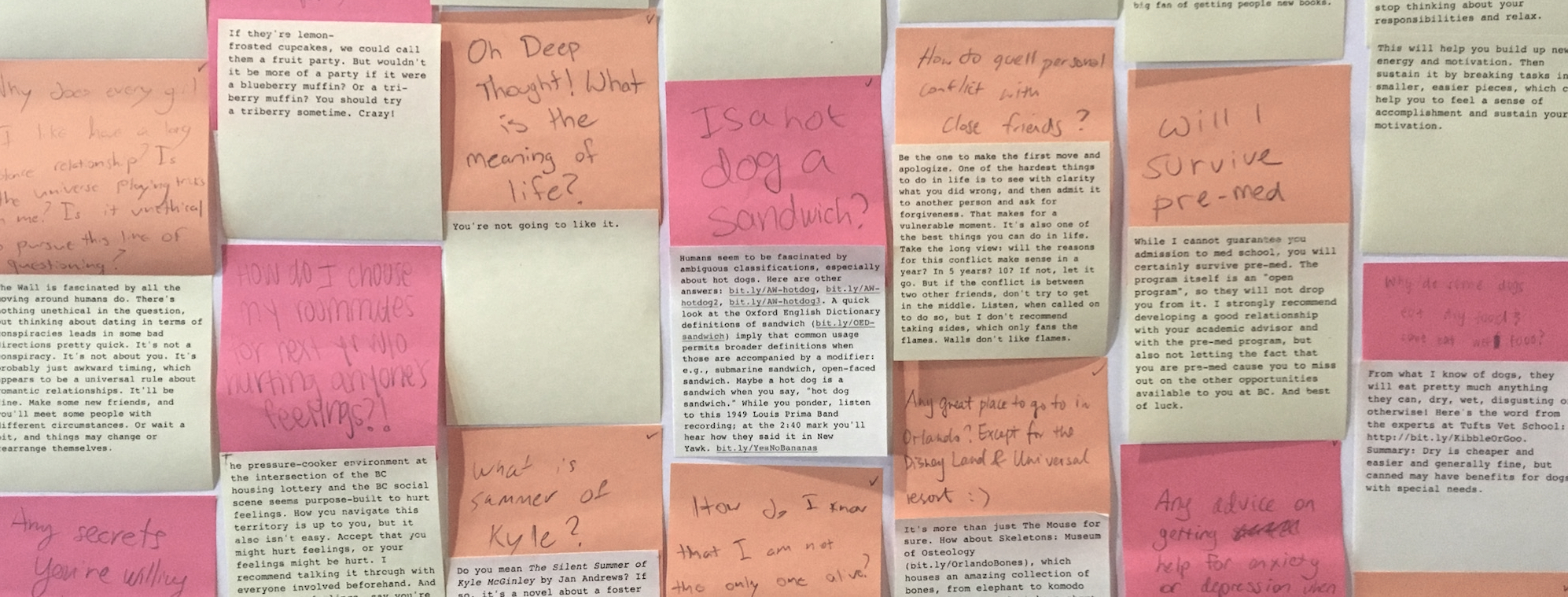 photo of a dozen questions and answers on the answer wall.