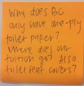 Why does BC only have one-ply toilet paper? Where does our tuition go? Also toilet seat covers?