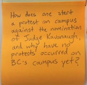 How does one start a protest on campus against the nomination of Judge Kavanaugh, and why have no protests occurred on BC's campus yet?