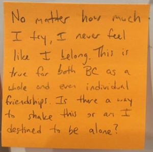 No matter how much I try, I never feel like I belong. This is true for both BC as a whole and even individual friendships. Is there a way to shake this or am I destined to be alone?