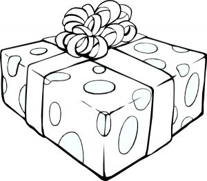 line drawing of gift-wrapped box, with polka-dot paper and bow