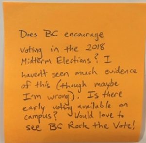 Does BC encourage voting in the 2018 Midterm Elections? I haven't seen much evidence of this (though maybe I'm wrong). Is there early voting available on campus? Would love to see BC Rock the Vote!