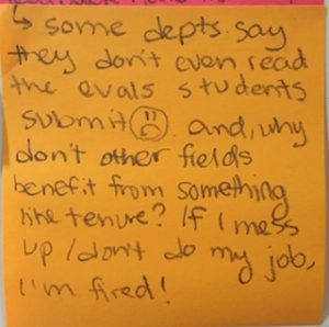 --> some depts. say they don't even read the evals students submit :0 and why don't other fields benefit from something like tenure? If I mess up/don't do my job, I'm fired!