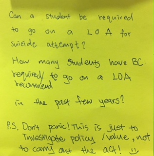 Can a student be required to go on a LOA for suicide attempt? How many students have BC required/recommend to go on a LOA in the past few years? P.S. Don't panic! This is just to investigate policy/value, not to carry out the act! :-)