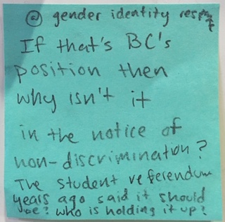 @ gender identity If that's BC;s position then why isn't it in the notice of non-discrimination? The student referendum years ago said it should be? Who is holding it up?
