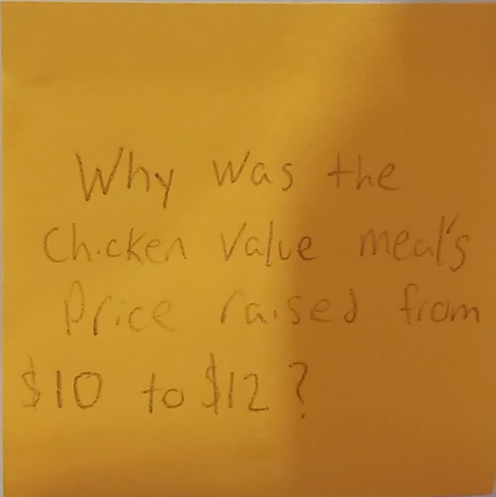 Why was the chicken value meal's price raised from $10 to $12?