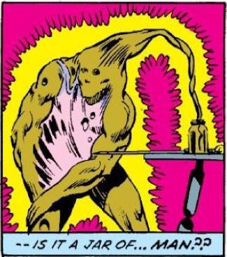 comic book image of barely-formed human made of peanut butter, captioned "...is it a jar of...man??"