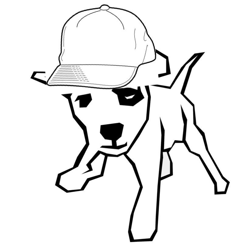line drawing of black and white puppy wearing a baseball cap