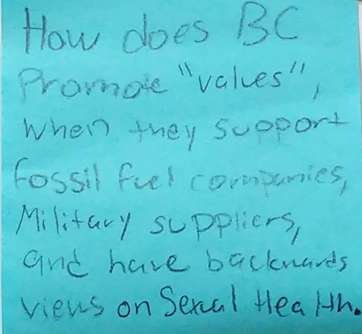 How does BC promote "values", when they support fossil fuel companies, military suppliers, and have backwards views on sexual health.
