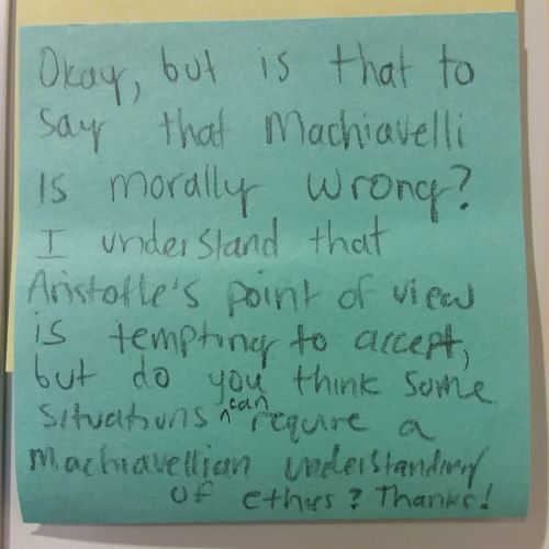 Okay, but is that to say that Machiavelli is morally wrong? I understand that Aristotle's point of view is tempting to accept but do you think some situations can require a Machiavellian understanding of ethics? Thanks!