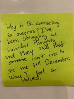 Why is BC counseling so overrun? I've been struggling with suicidal thoughts and they said that someone isn't free to see me until December. Wow. I feel so valued.