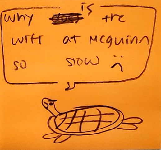 Why is the Wi-Fi at McGuinn so slow :( Drawing of a turtle with question in speech bubble.)