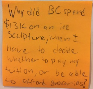 Why did BC spend $13K on an ice sculpture, when I have to decide whether to pay my tuition or be able to afford groceries?