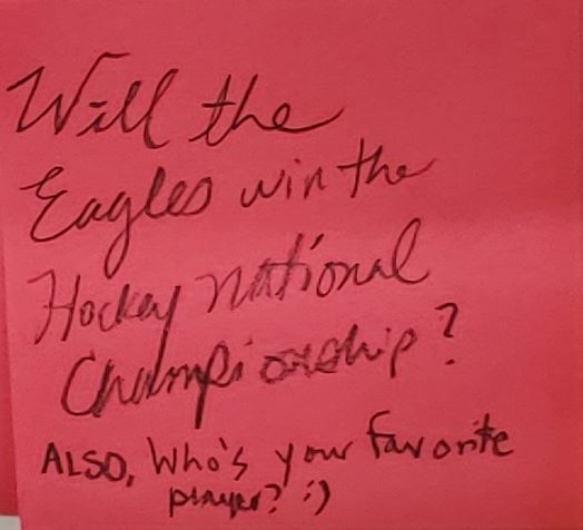 Will the Eagles win the Hockey national Championship? Also, Who's your favorite player :)