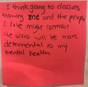 I think going to classes knowing me and the people I love might get the virus will be more detrimental to my mental health