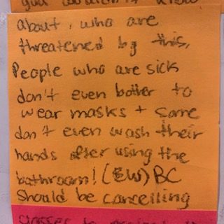 about, who are threatened by this. People who are sick don't even bother to wear masks + some don't even wash their hands after using the bathroom! (EW) BC should be cancelling