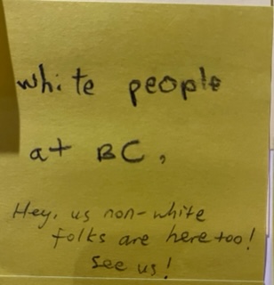 White people at BC. [Hey, us non-white folks are here too! See us!]