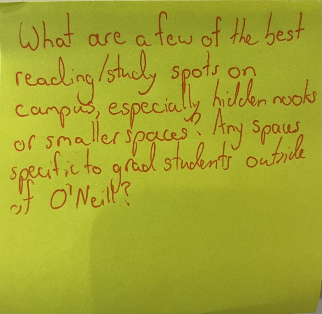 What are a few of the best reading/study spots on campus, especially hidden nooks or smaller spaces? Any spaces specific to grad students outside of O'Neill?