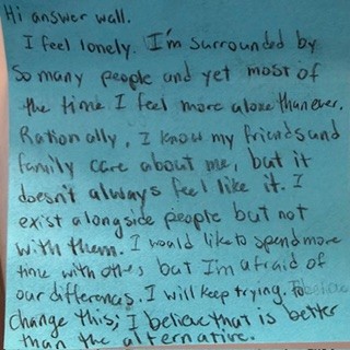 Hi answer wall. I feel lonely. I'm surrounded by so many people and yet most of the time I feel more alone than ever. Rationally, I know my friends and family care about me, but it doesn't always feel like it. I exist alongside people but not with them. I would like to spend more time with others but I'm afraid of our differences. I will keep trying to change this; I believe that is better than the alternative.