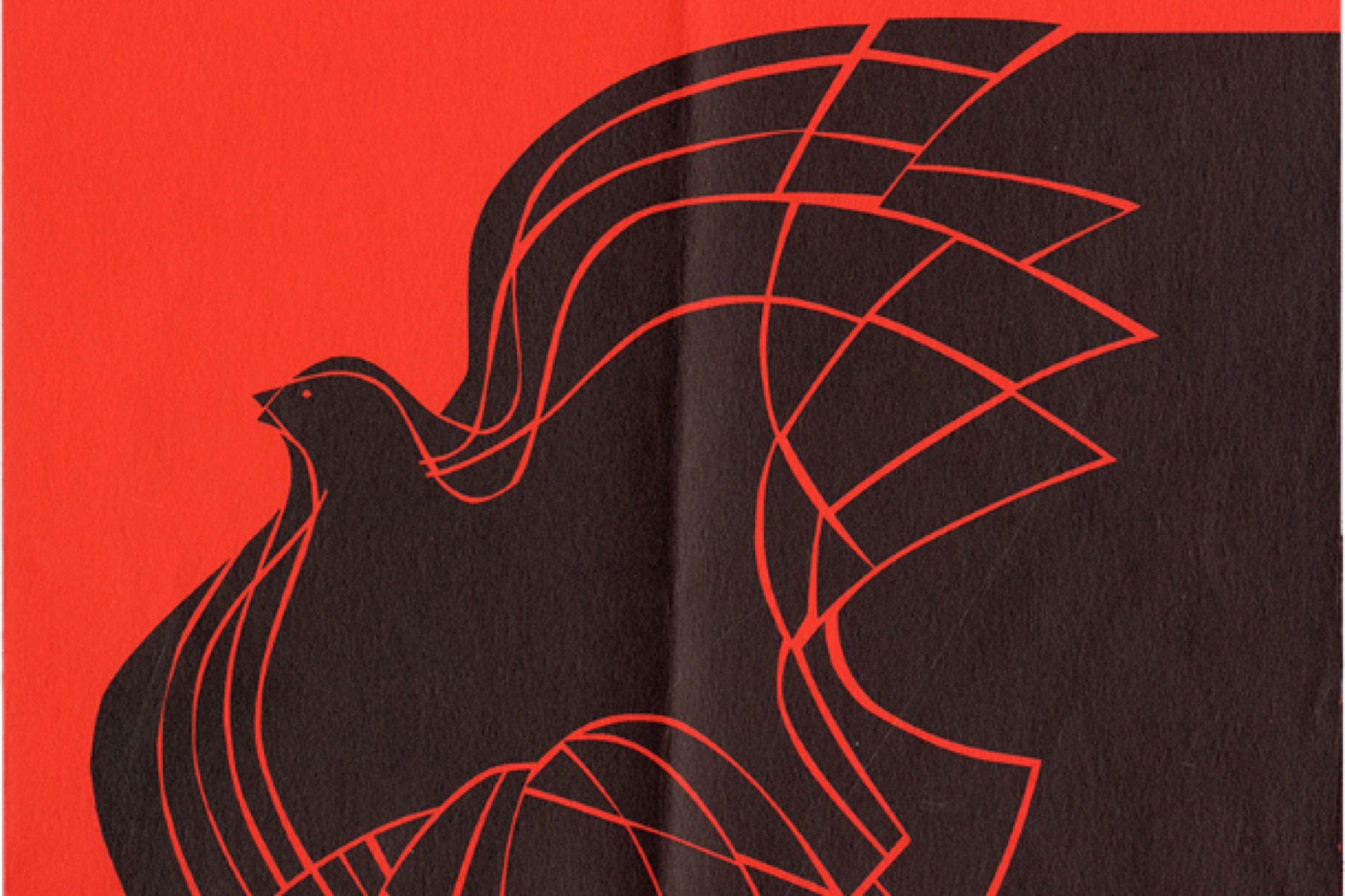 Simple, geometric print drawing of two black doves on a red background