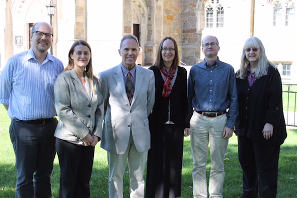 Photograph of Seamus Connolly Music Collection Collaboration Team. From left to right, Ben Florin, Anna Kijas, Seamus Connolly, Elizabeth Sweeney, Jeack Kearney, and Nancy Adams