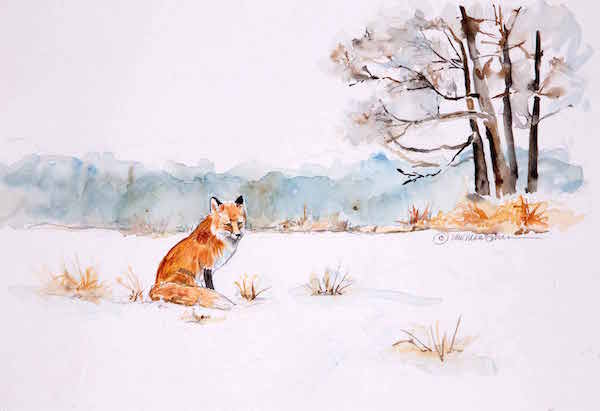 Watercolor painting of a small fox in a snowy field