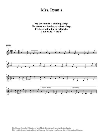 Ciar&aacute;n Mac Math&uacute;na from Radio &Eacute;ireann recorded this tune from concertina player Mrs. Ryan from Ballinaclough, Nenagh, County Tipperary. Although this tune is played as a slide, the area around North Tipperary and Limerick is particularly well-known for its polka music. Monsignor Charles Coen lilts the tune using his mother's words to it on the first track, then plays the tune on the concertina on the following track. <br /><br />'My poor father is minding sheep <br />Me sisters and brothers are fast asleep <br />I've been out in the hay all night <br />Get up and let me in!'