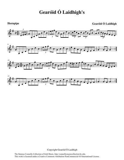 Fiddle player Gear&oacute;id &Oacute; Laidhigh and flute player John Darcy recorded this tune, a composition of Mr. &Oacute; Laidhigh's, for Ciar&aacute;n Mac Math&uacute;na. Ciar&aacute;n traveled throughout Ireland recording musicians and singers, and later presented them on his weekly radio programmes, <em>Ceolta Tire</em> and <em>A Job of Journeywork</em>. On this recording, the tune is played on fiddle by my dear friend, colleague, and musical collaborator Laurel Martin.