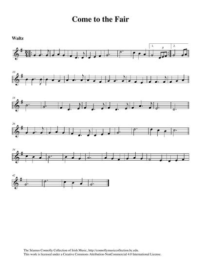 'Come to the Fair' was a very popular waltz/song played by The Kilfenora C&eacute;il&iacute; Band in the 1960s. I have always enjoyed listening to the band's singer Mary Higgins performing the song on a recording made at a c&eacute;il&iacute; in Ennis in 1960. The recording of all of the tunes and songs played on that night was given to me to learn when I was invited to join The Kilfenora and embark on my first 'big' tour of England. What a thrill and an honour for me! The tune is performed here on this track by Tara Lynch (daughter of Jerry Lynch, the accordionist with the band in the 1950s) and myself. The track was enhanced by the musicianship of Gabriel Donohue on piano and keyboards.
