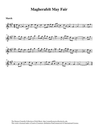 The Pride of Erin C&eacute;il&iacute; Band, led by All-Ireland fiddle champion Sean Nugent, was held in high esteem throughout Ireland. Sean, from Lack in County Fermanagh, was a vibrant, energetic, and fun-loving man who adored the music. On a recording issued by Outlet Records in 1977, he and the band played this great march. The lyrics of this song, sung by Sean's daughter Rosemary in her County Fermanagh accent, give us a clear picture of the Magherafelt May Fair: <br /><br />'I am a nice wee bouncing girl, <br />And my age it is scarce sixteen, <br />And when I'm dressed all in my best <br />Sure I look like any queen... <br /><br />On the first of May I will make my way, <br />To the Magherafelt May Fair...<br /><br /> My mother cautioned me going out <br />Do not stay long in town <br />For if you do, your father and I, <br />On you we will surely frown.<br /> Be sure to shun bad company <br />And of young men beware,<br /> How nice you be, don't make too free <br />At the Magherafelt May Fair!' <br /><br />Listening to those All-Ireland champion band members play along with Rosemary's singing, one can sense the exuberance and pride that they felt playing their music. For this collection, the march is played by Sean Nugent's son Larry on the flute, accompanied by Pat Broaders on the bouzouki.