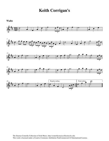 I learned this tune from accordionist Keith Corrigan. Keith had a wonderful repertoire of fine old Irish and Qu&eacute;becois tunes. On one memorable visit to his home in Valcartier, north of Qu&eacute;bec City ('God's Country', as he called it), we played music long into the night and on that occasion Keith played this waltz for me. I recently found my recording of it on a microcassette and asked Damien Connolly to learn and record it for this collection. Thanks, Damien.