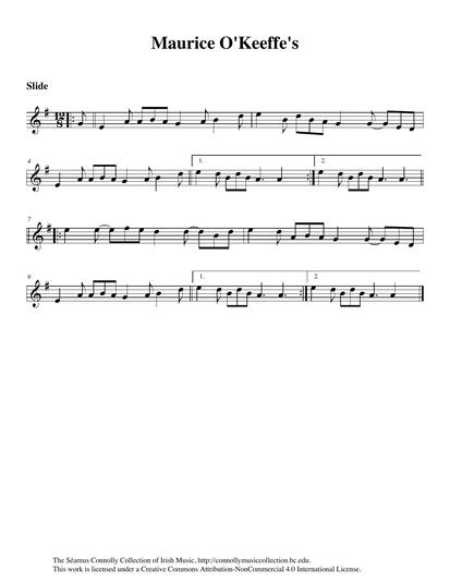 I will be forever grateful to M&aacute;ire O'Keeffe, the County Kerry-style fiddle player, for her enthusiastic response when I told her about the project I was about to undertake. M&aacute;ire's reaction was loud and clear: she said to me, 'Come on over here to Kinvara in County Galway and I will give you some tunes!' I could ask for no more encouraging invitation. Sandy and I arrived late in the night, having had to phone M&aacute;ire and her husband Pat for help when we got a puncture in one of our tires a few miles away from their home. Pat came to the rescue and brought us back to their house where we were made most welcome. After a delicious dinner and all that goes along with it, the music started, and the first tune we recorded was this slide. M&aacute;ire learned it from Toim&iacute;n O'Connor, an old fiddle player from the mountains in Kerry.