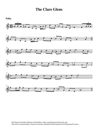 If ever you get a chance to visit The Clare Glens you will not be disappointed. They are a beautiful wooded area, very picturesque, with walkways on both sides of the Clare River. The Glens are very close to Newport, County Tipperary, and are only seven or eight miles from where I grew up. There are a number of swimming areas and a waterfall. Standing under the falls with the cold mountain water flowing over you is most invigorating. <br /><br />Not having a name for this polka, I thought, why not call it 'The Clare Glens'? I was honoured to get the opportunity to play it on my fiddle with Monsignor Charlie Coen on concertina. The tune originally came to us from another recording that Ciar&aacute;n Mac Math&uacute;na made of concertina player Paddy Neil from around that same area of Newport, County Tipperary, a place well-known for its polkas.