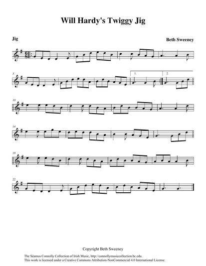My friend Beth Sweeney is the librarian for the Irish Music Archives at the Burns Library of Boston College. When she finds time in her schedule, Beth likes to play music and compose. On this track she plays one of her own tunes, which she describes in this way: 'In the early 1990s I recorded a cassette tape of a few fiddle tunes I had composed, including this jig, and gave the tape to S&eacute;amus Connolly, my first teacher of Irish fiddle music. Years later, after listening to the tape again, S&eacute;amus asked me if I would record this particular jig for his collection. On this track I play both fiddle and piano. The tune is named for a dear friend of mine, Will Hardy, an award-winning designer and a great appreciator of music. The "twigginess" of the jig is a play on words, a reference to my friend Forrest, with whom I exchanged many a tune around the same time that this jig was written.'