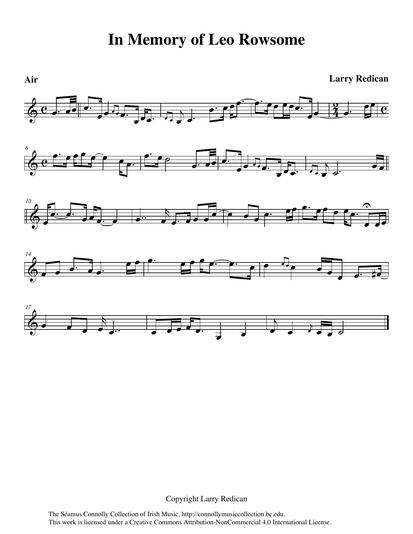 The name of the legendary piper, pipemaker, composer, and teacher Leo Rowsome (1903-1970) is synonymous with the uilleann pipes. An icon of Irish traditional music, Leo devoted his entire life to the uilleann pipes and has numerous recordings to his credit. His friend Larry Redican composed this air in Leo's memory. I got it from Larry himself and had the honour of recording it with Liam O'Flynn, a former student of Leo's, on a record entitled <em>Notes From My Mind</em>. The pipes that Liam used on that recording were made by Mr. Rowsome. The air is soulfully played here by fiddle player John Daly from County Cork. More of John's own music and compositions may be heard on his CD entitled <em>John Daly</em>.
