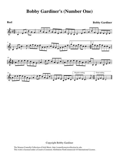 Master accordionist Bobby Gardiner from Clare composed this reel. I first heard it on an LP he recorded in Ireland, produced by his fellow accordionist Dermot O'Brien: exciting and wonderful music. When I asked Bobby if he would perform it again, for this collection, he told me that he had no recollection of the tune but I certainly could put the tune in the book. I convinced him to play it for me, but for that to happen, I had to send him a copy of the tune so that he could re-learn it. On a visit to Boston College, Bobby did record it and I greatly enjoyed that session. Barbara MacDonald Magone was with us that day and she &ndash; with her stories and laughs &ndash; made it a memorable occasion.