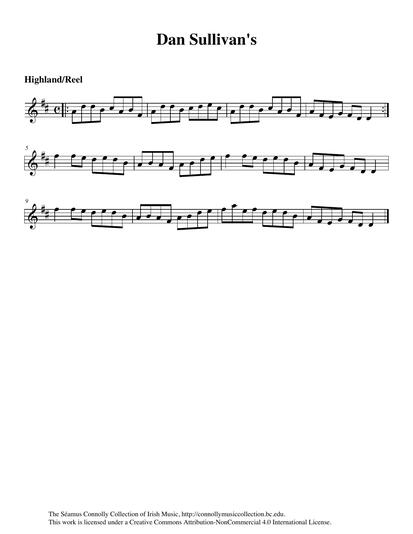 America's foremost uilleann piper, Jerry O'Sullivan, learned this and a number of other tunes from recordings of Dan Sullivan and his band that I sent to him. Jerry recorded the tunes with the engineering expertise of Gabriel Donohue, himself an amazing musician, singer, and a man of many talents. The tune here is played by Jerry as a highland but it could also be played as a reel.